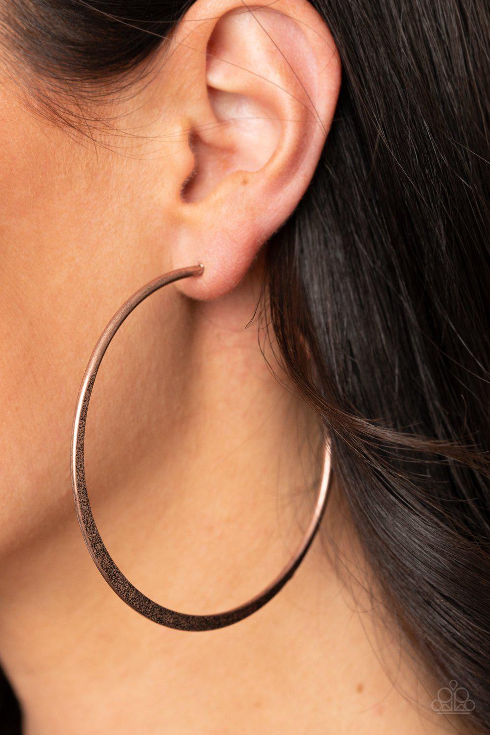 Flat Spin Copper Hoop Earrings - Paparazzi Accessories- on model - CarasShop.com - Paparazzi Jewelry by Cara Jewels