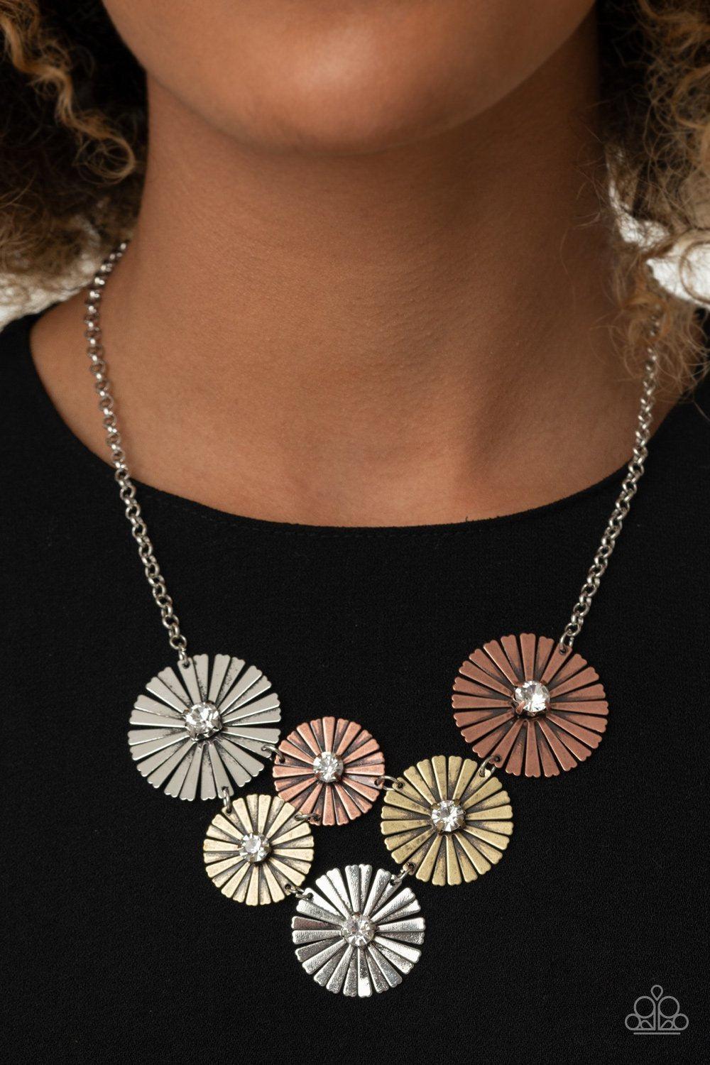 Flauntable Fanfare Multi Silver Copper and Brass Necklace - Paparazzi Accessories Spring Exclusive 2021- on model - CarasShop.com - Paparazzi Jewelry by Cara Jewels