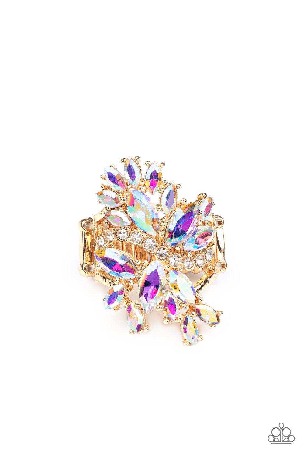 Flauntable Flare Gold and Iridescent Rhinestone Ring - Paparazzi Accessories- lightbox - CarasShop.com - Paparazzi Jewelry by Cara Jewels