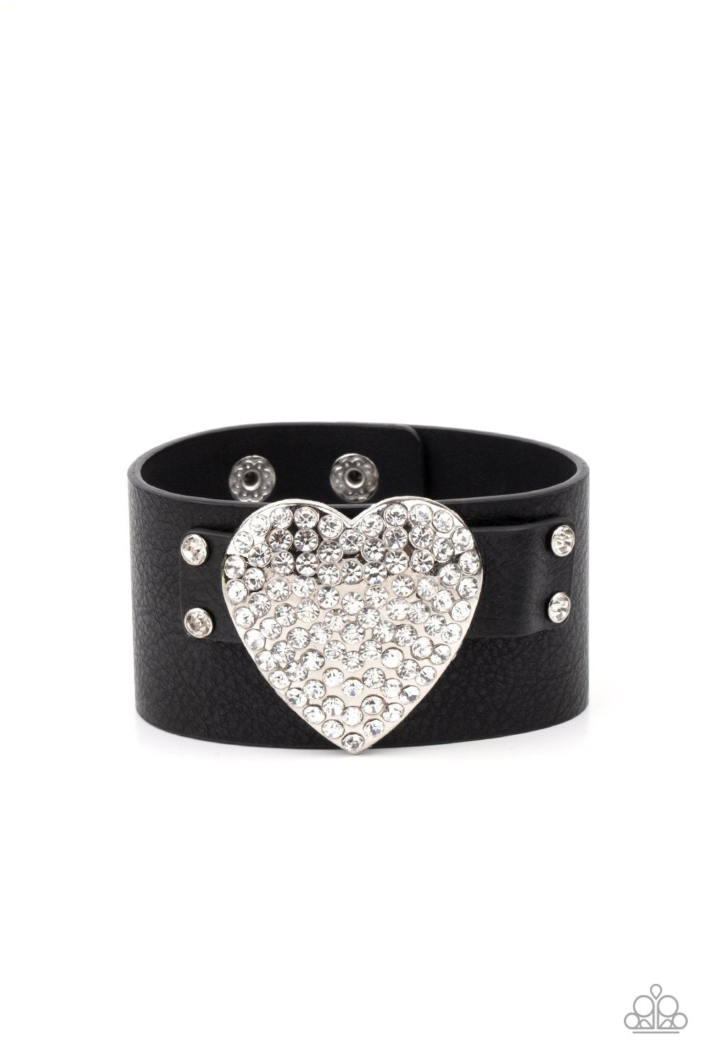 Flauntable Flirt Black Leather and White Rhinestone Heart Wrap Snap Bracelet - Paparazzi Accessories- lightbox - CarasShop.com - Paparazzi Jewelry by Cara Jewels