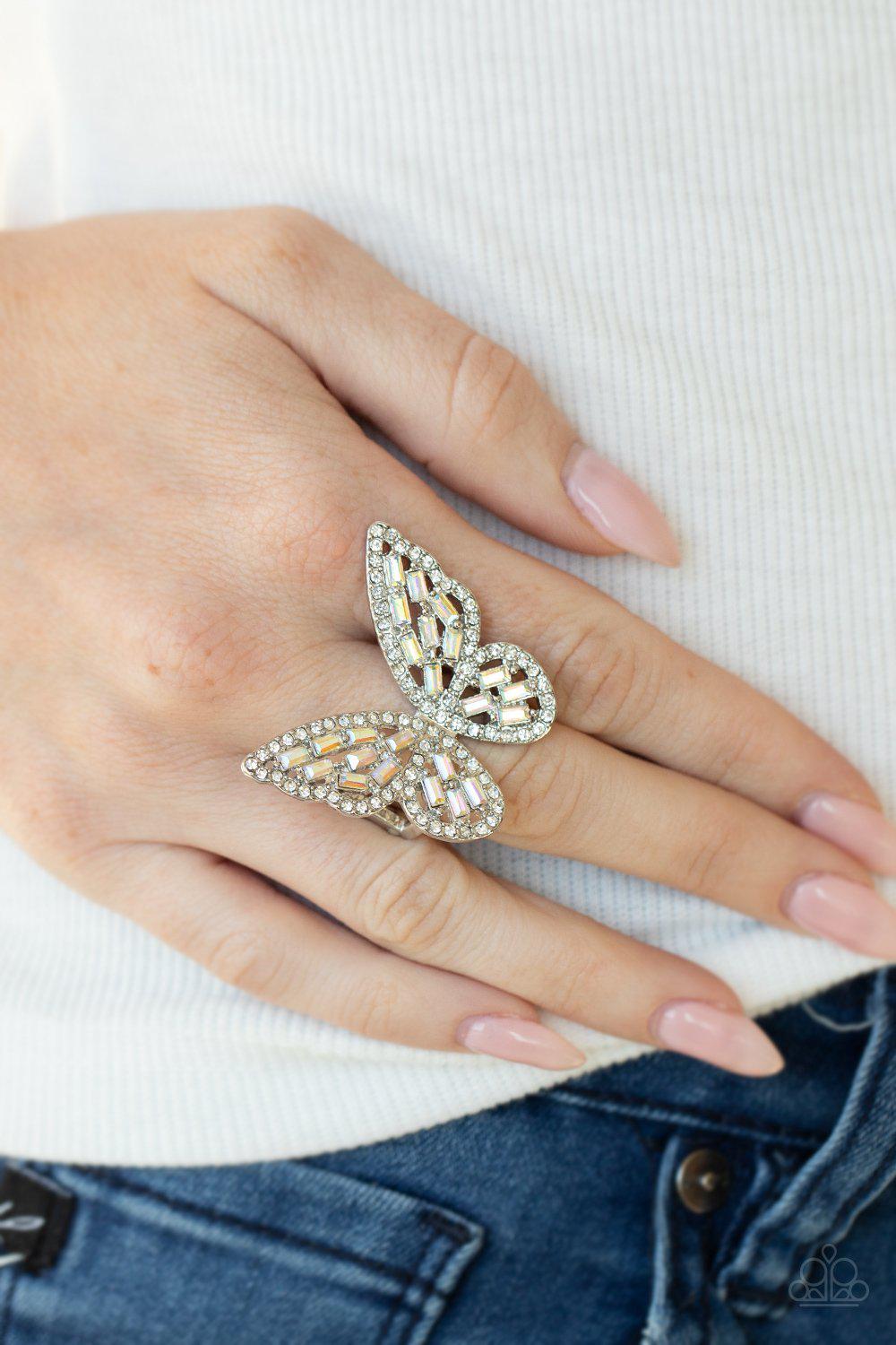 Flauntable Flutter Multi Iridescent Rhinestone Butterfly Ring - Paparazzi Accessories- on model - CarasShop.com - Paparazzi Jewelry by Cara Jewels
