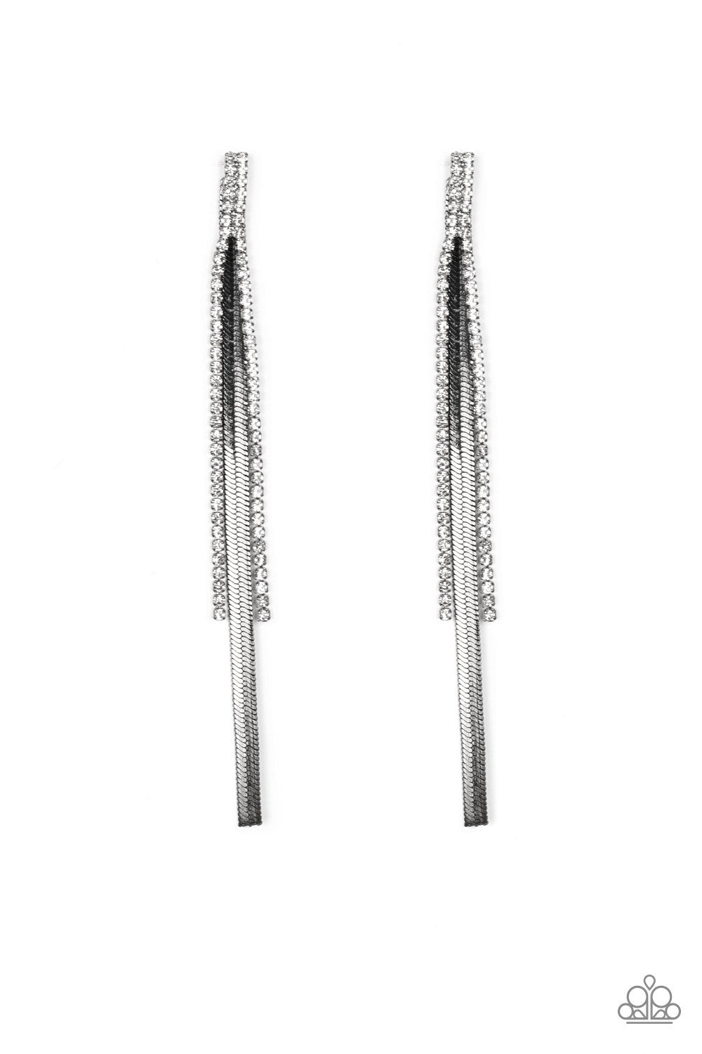 Flavor of the SLEEK Black Gunmetal and White Rhinestone Chain Earrings - Paparazzi Accessories- lightbox - CarasShop.com - Paparazzi Jewelry by Cara Jewels