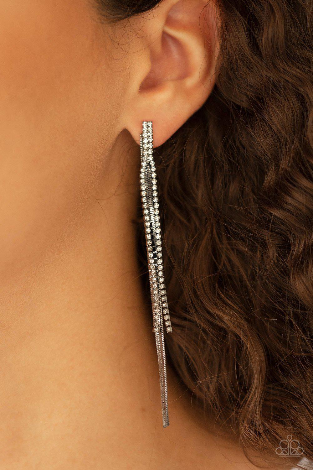 Flavor of the SLEEK Black Gunmetal and White Rhinestone Chain Earrings - Paparazzi Accessories- on model - CarasShop.com - Paparazzi Jewelry by Cara Jewels