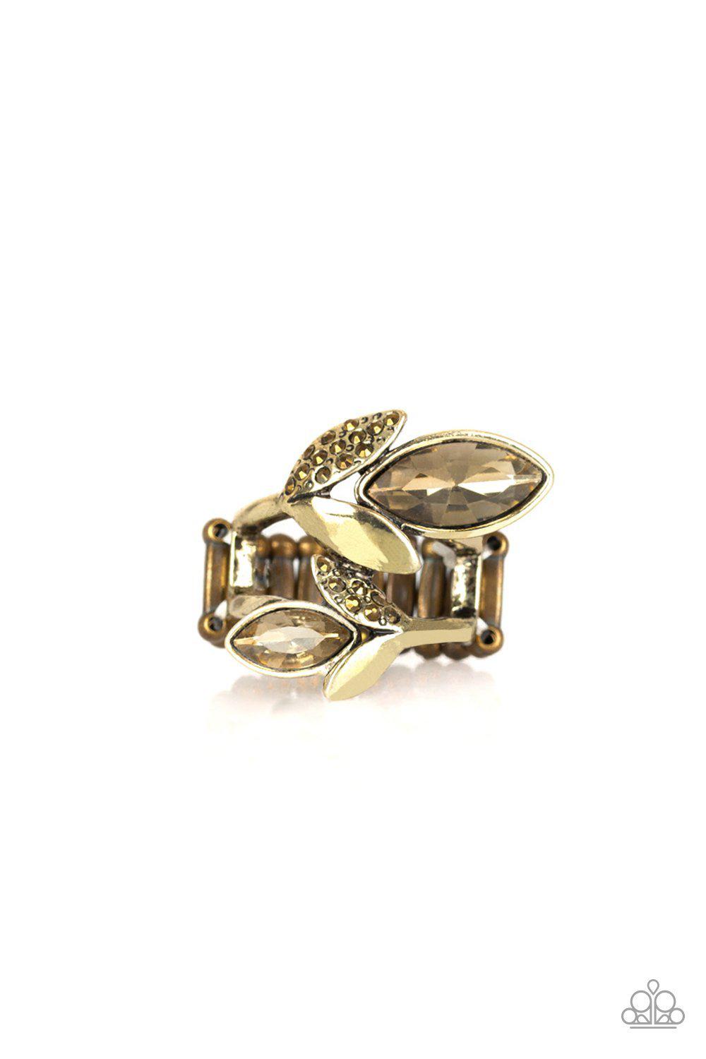 Flawless Foliage Brass Rhinestone Ring - Paparazzi Accessories- lightbox - CarasShop.com - Paparazzi Jewelry by Cara Jewels