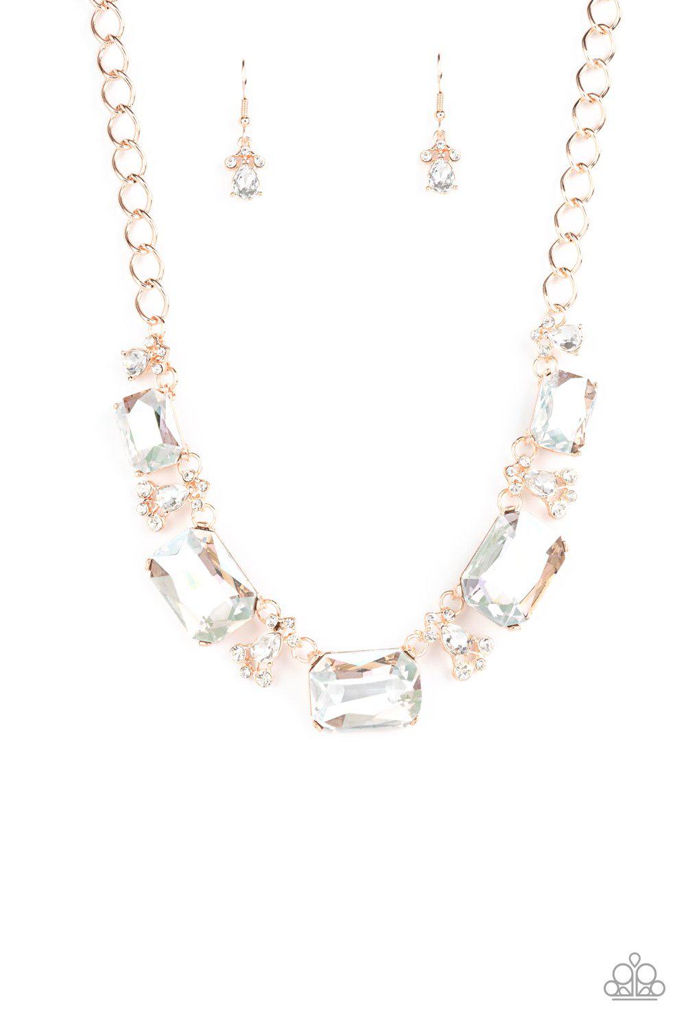 Flawlessly Famous Multi Iridescent Rhinestone and Rose Gold Necklace - Paparazzi Accessories- lightbox - CarasShop.com - Paparazzi Jewelry by Cara Jewels