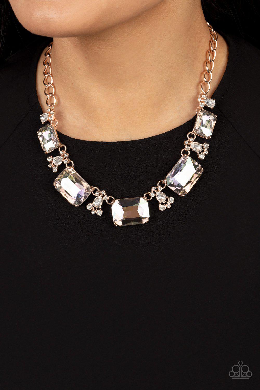 Flawlessly Famous Multi Iridescent Rhinestone and Rose Gold Necklace - Paparazzi Accessories- on model - CarasShop.com - Paparazzi Jewelry by Cara Jewels