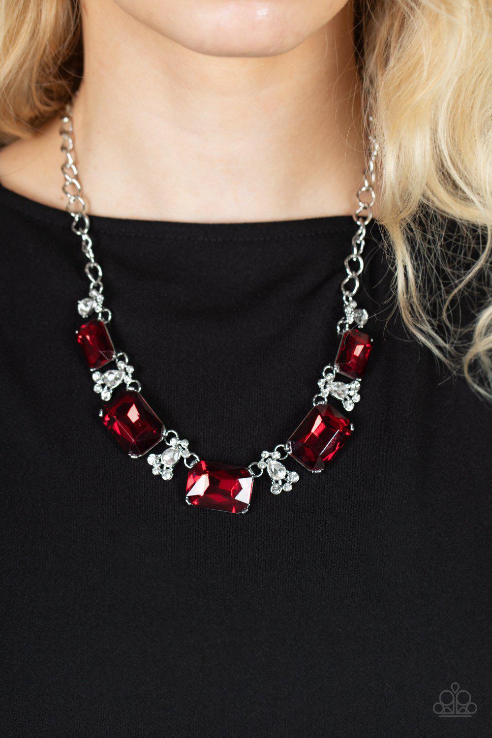 Flawlessly Famous Red Rhinestone Necklace - Paparazzi Accessories- on model - CarasShop.com - Paparazzi Jewelry by Cara Jewels