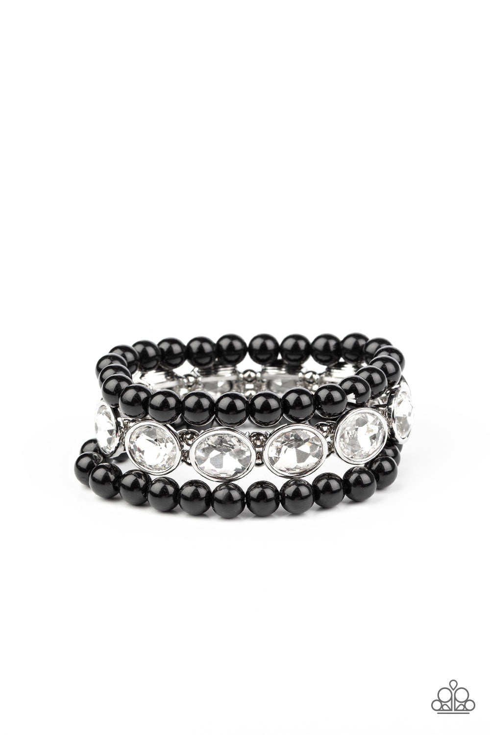 Flawlessly Flattering Black Pearl and White Rhinestone Bracelet Set - Paparazzi Accessories- lightbox - CarasShop.com - Paparazzi Jewelry by Cara Jewels