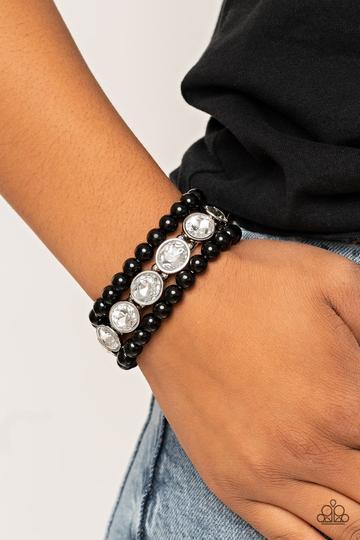 Flawlessly Flattering Black Pearl and White Rhinestone Bracelet Set - Paparazzi Accessories- on model - CarasShop.com - Paparazzi Jewelry by Cara Jewels
