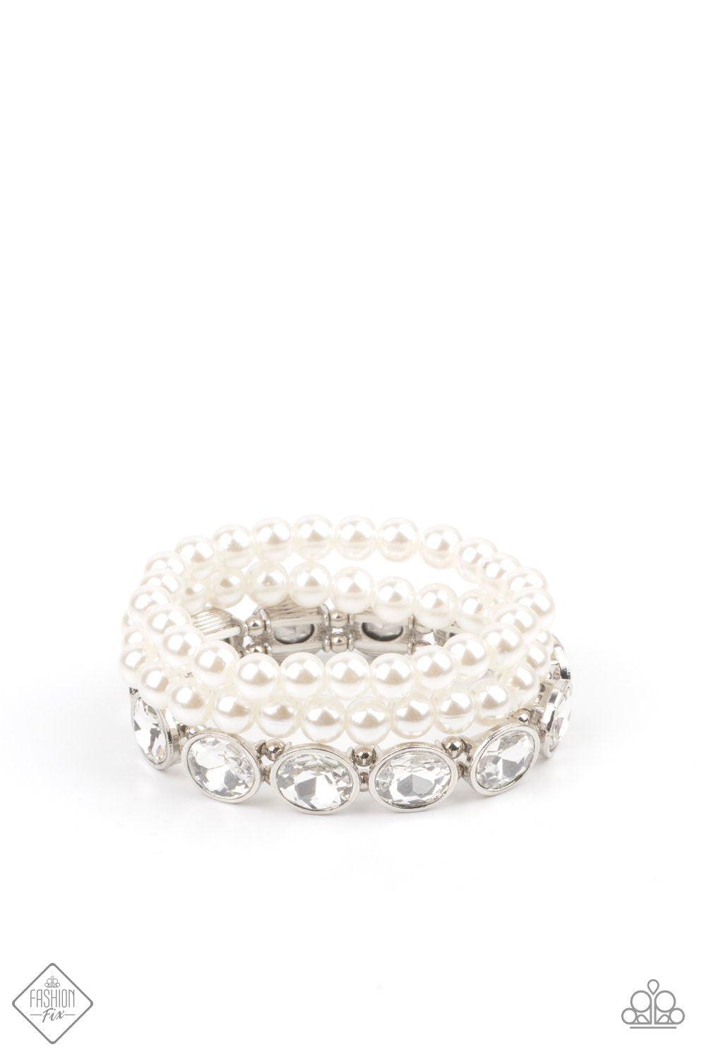 Flawlessly Flattering White Pearl and Rhinestone Stretch Bracelet Set - Paparazzi Accessories- lightbox - CarasShop.com - Paparazzi Jewelry by Cara Jewels