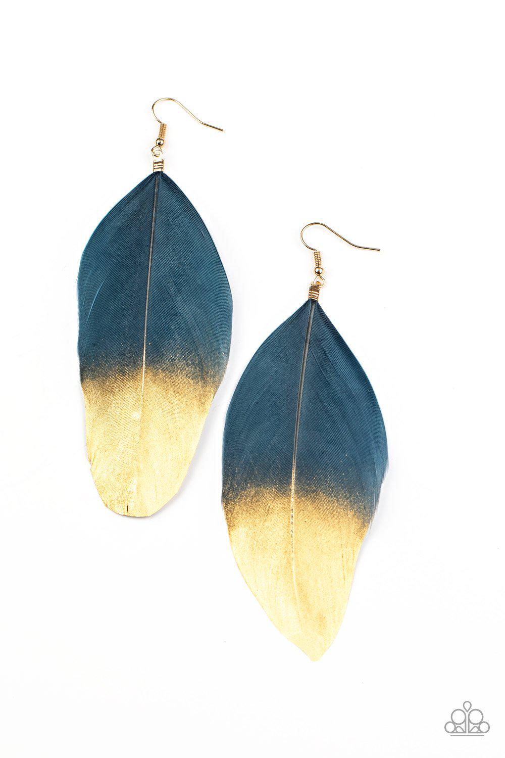 Fleek Feathers Blue and Gold Feather Earrings - Paparazzi Accessories- lightbox - CarasShop.com - Paparazzi Jewelry by Cara Jewels
