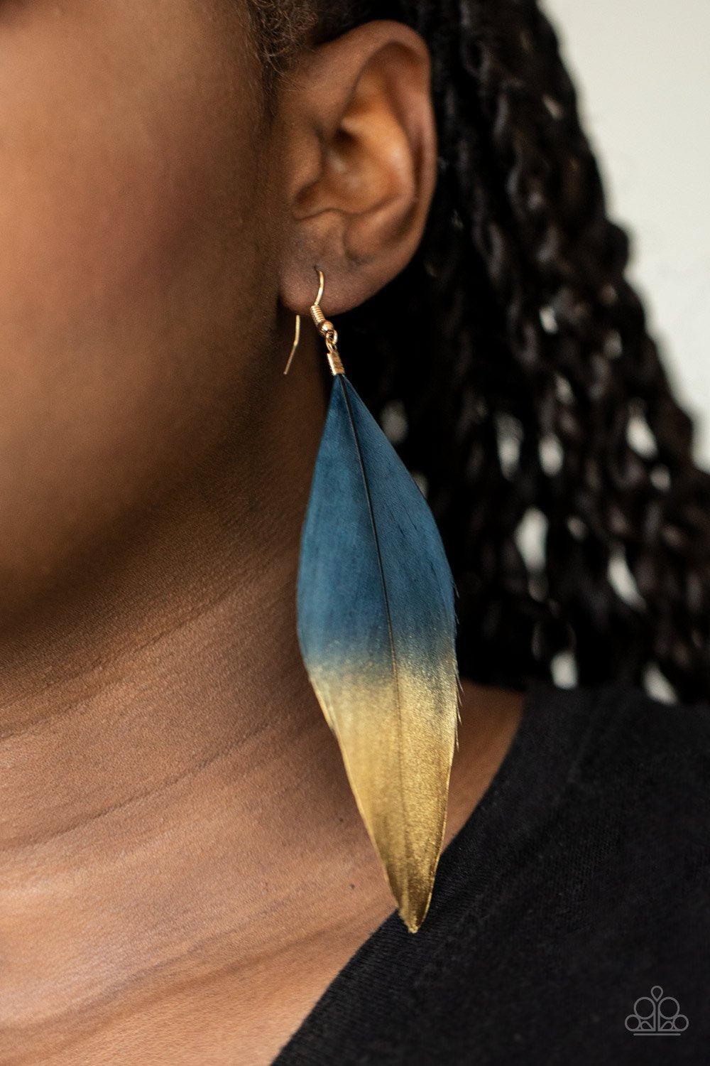 Fleek Feathers Blue and Gold Feather Earrings - Paparazzi Accessories- on model - CarasShop.com - Paparazzi Jewelry by Cara Jewels