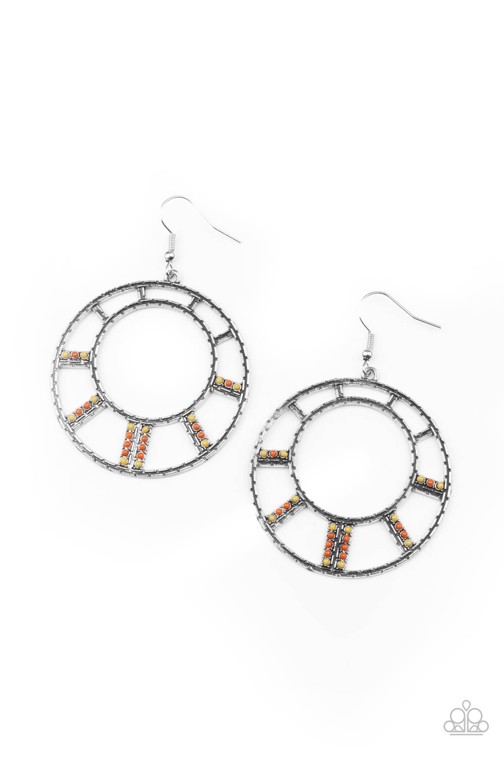 Fleek Fortress Multi Yellow & Orange Earrings - Paparazzi Accessories- lightbox - CarasShop.com - Paparazzi Jewelry by Cara Jewels