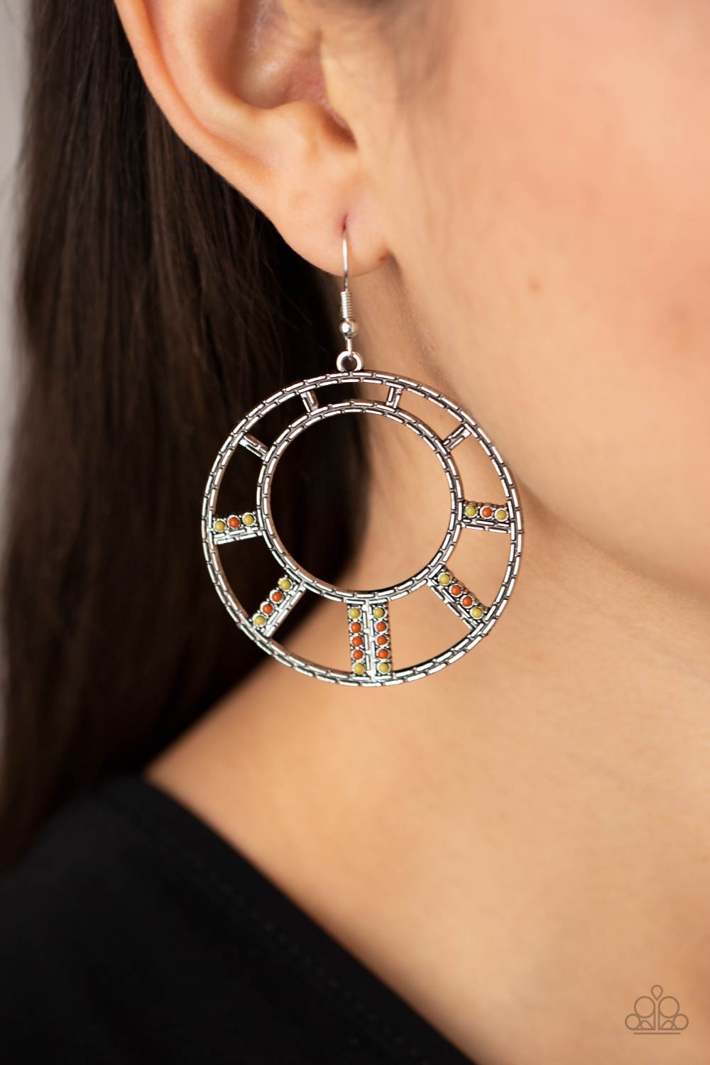 Fleek Fortress Multi Yellow & Orange Earrings - Paparazzi Accessories- on model - CarasShop.com - Paparazzi Jewelry by Cara Jewels