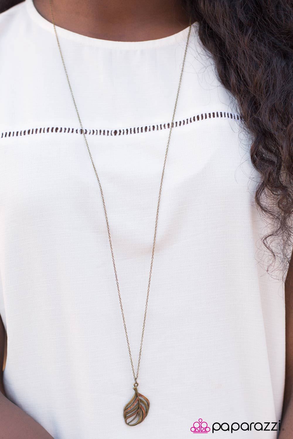 Flight Of A Lifetime Brass Feather Necklace - Paparazzi Accessories- on model - CarasShop.com - Paparazzi Jewelry by Cara Jewels