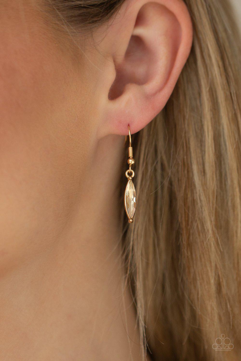 Flight of FANCINESS Gold Rhinestone Feather Necklace - Paparazzi Accessories - free matching earrings -CarasShop.com - Paparazzi Jewelry by Cara Jewels