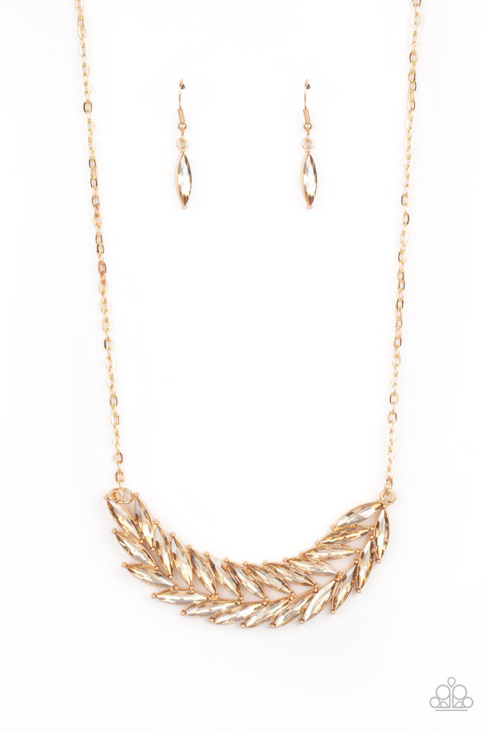 Flight of FANCINESS Gold Rhinestone Feather Necklace - Paparazzi Accessories- lightbox - CarasShop.com - Paparazzi Jewelry by Cara Jewels