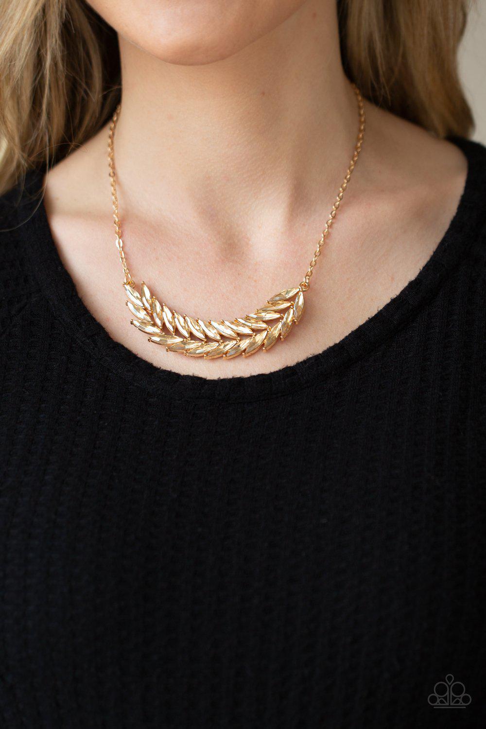 Flight of FANCINESS Gold Rhinestone Feather Necklace - Paparazzi Accessories- lightbox - CarasShop.com - Paparazzi Jewelry by Cara Jewels