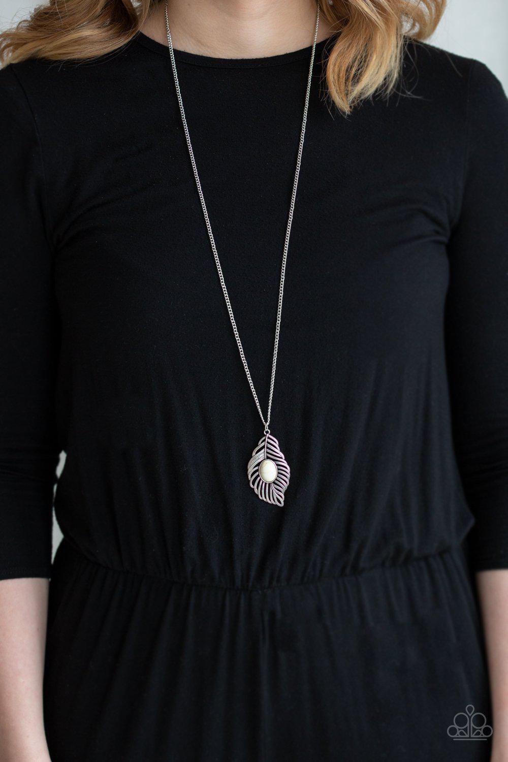 Flight Path White Stone and Silver Feather Necklace - Paparazzi Accessories- on model - CarasShop.com - Paparazzi Jewelry by Cara Jewels