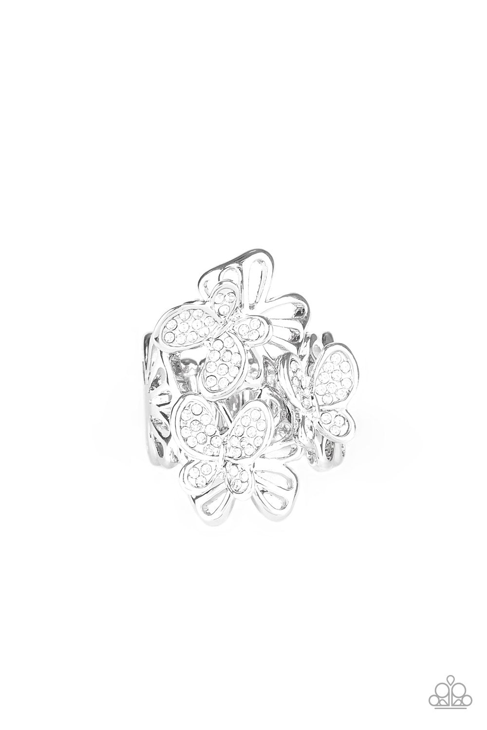 Flighty Flutter White Rhinestone Butterfly Ring - Paparazzi Accessories- lightbox - CarasShop.com - Paparazzi Jewelry by Cara Jewels