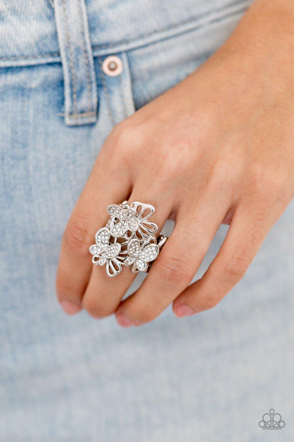 Flighty Flutter White Rhinestone Butterfly Ring - Paparazzi Accessories- on model - CarasShop.com - Paparazzi Jewelry by Cara Jewels