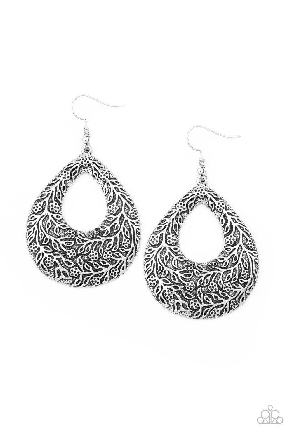 Flirtatiously Flourishing Silver Teardrop Earrings - Paparazzi Accessories- lightbox - CarasShop.com - Paparazzi Jewelry by Cara Jewels