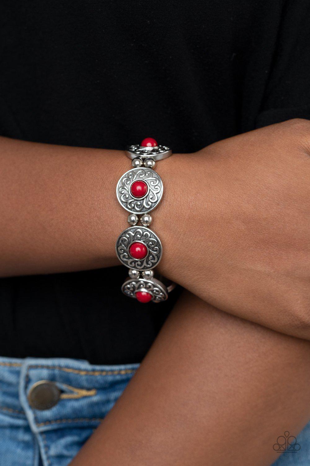 Flirty Finery Red and Silver Bracelet - Paparazzi Accessories- on model - CarasShop.com - Paparazzi Jewelry by Cara Jewels