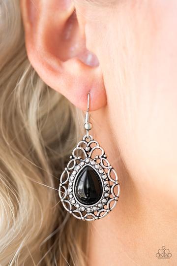 Flirty Finesse Black Earrings - Paparazzi Accessories- on model - CarasShop.com - Paparazzi Jewelry by Cara Jewels