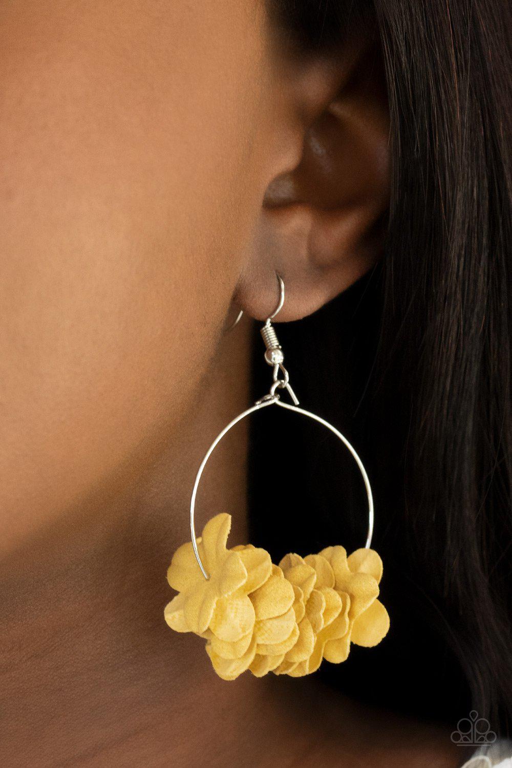 Flirty Florets Yellow Flower Hoop Earrings - Paparazzi Accessories- on model - CarasShop.com - Paparazzi Jewelry by Cara Jewels