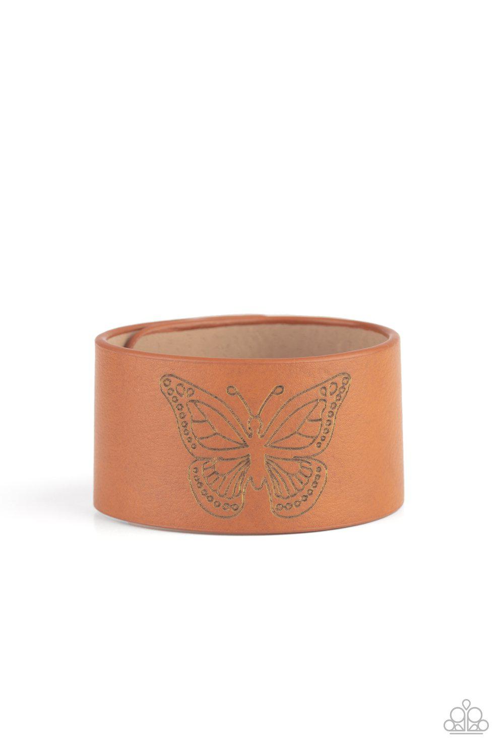 Flirty Flutter Brown Leather Butterfly Urban Wrap Snap Bracelet - Paparazzi Accessories- lightbox - CarasShop.com - Paparazzi Jewelry by Cara Jewels