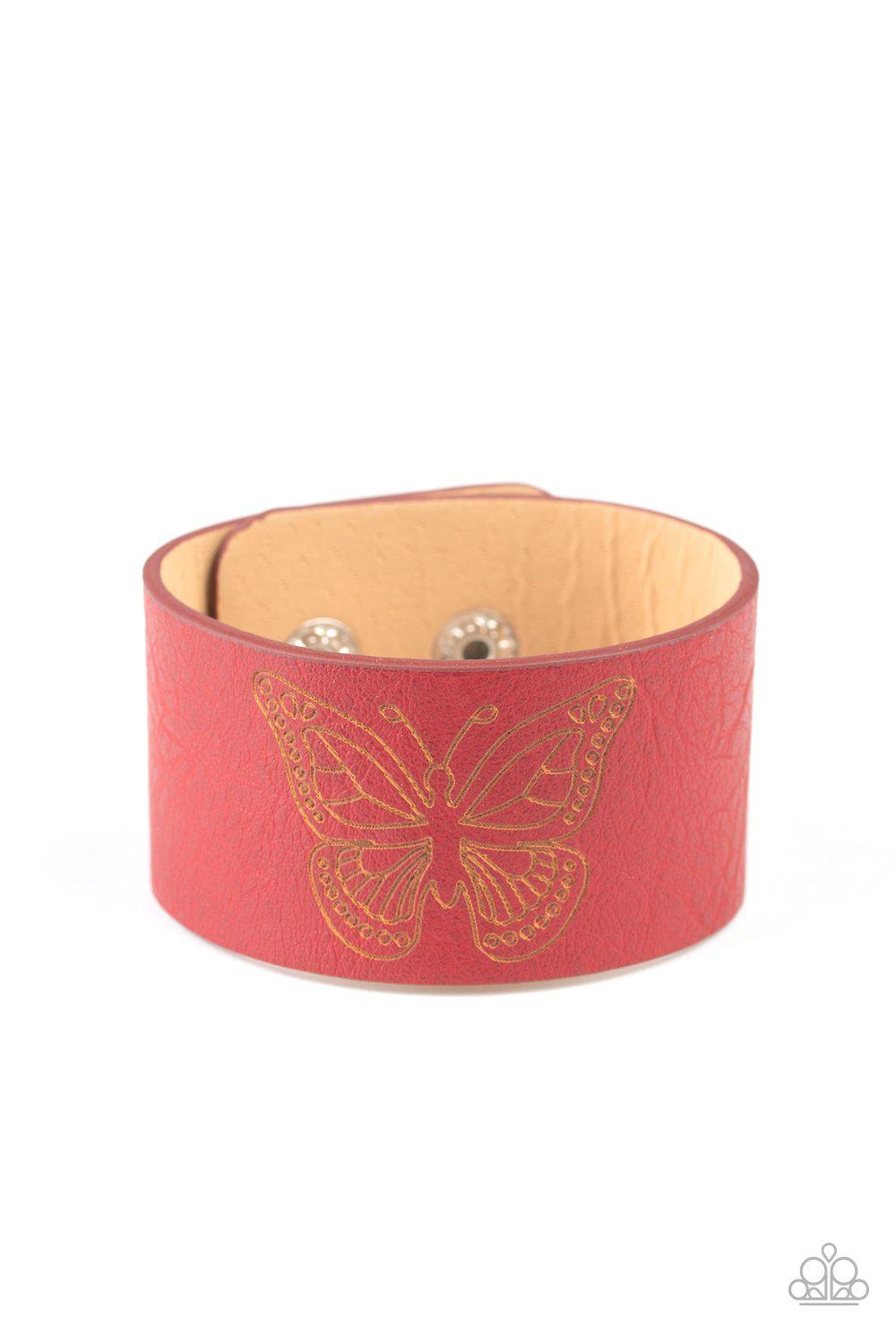 Flirty Flutter Red Leather Butterfly Urban Wrap Snap Bracelet - Paparazzi Accessories- lightbox - CarasShop.com - Paparazzi Jewelry by Cara Jewels