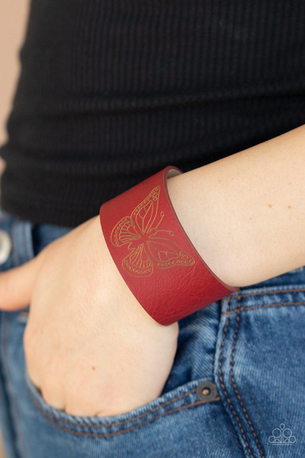 Flirty Flutter Red Leather Butterfly Urban Wrap Snap Bracelet - Paparazzi Accessories- on model - CarasShop.com - Paparazzi Jewelry by Cara Jewels