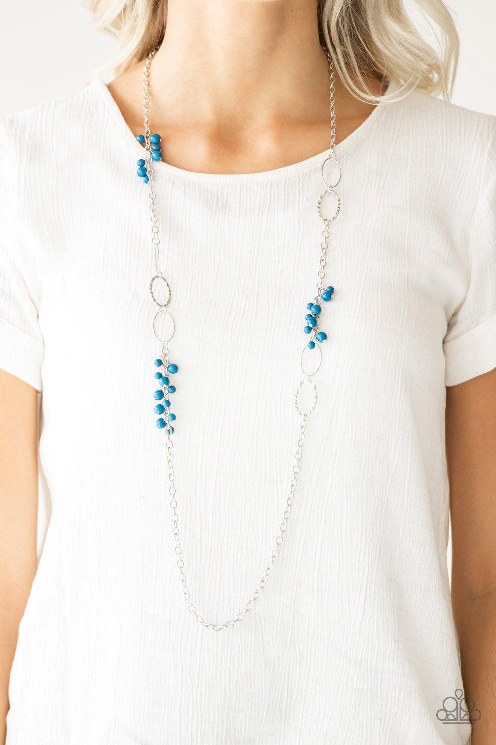 Flirty Foxtrot Blue and Silver Necklace - Paparazzi Accessories- on model - CarasShop.com - Paparazzi Jewelry by Cara Jewels