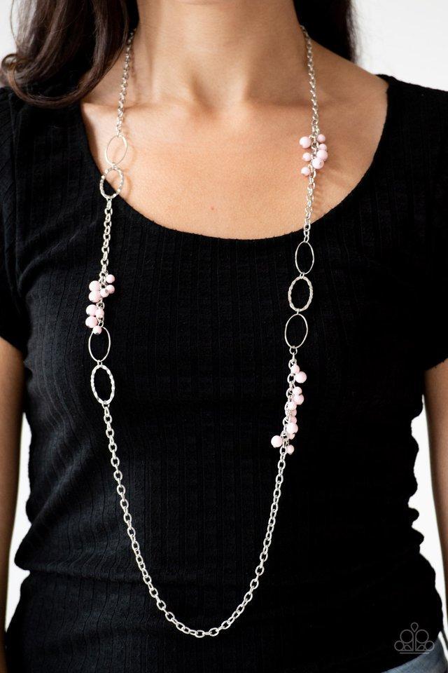 Flirty Foxtrot Pink and Silver Necklace - Paparazzi Accessories- on model - CarasShop.com - Paparazzi Jewelry by Cara Jewels