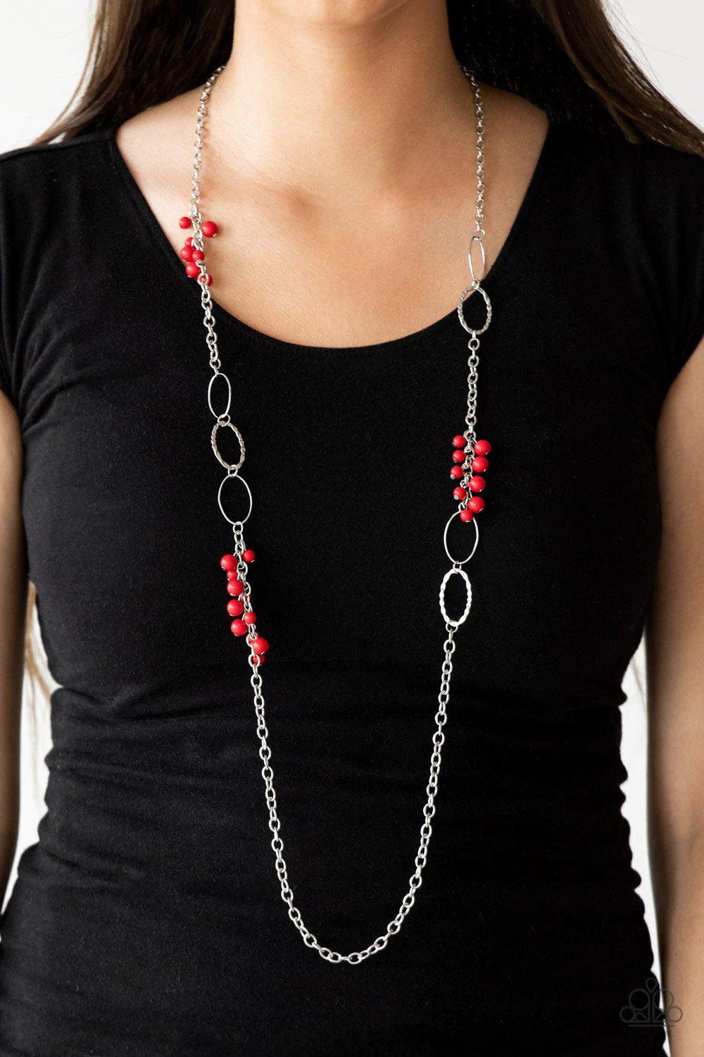 Flirty Foxtrot Red Necklace - Paparazzi Accessories- on model - CarasShop.com - Paparazzi Jewelry by Cara Jewels