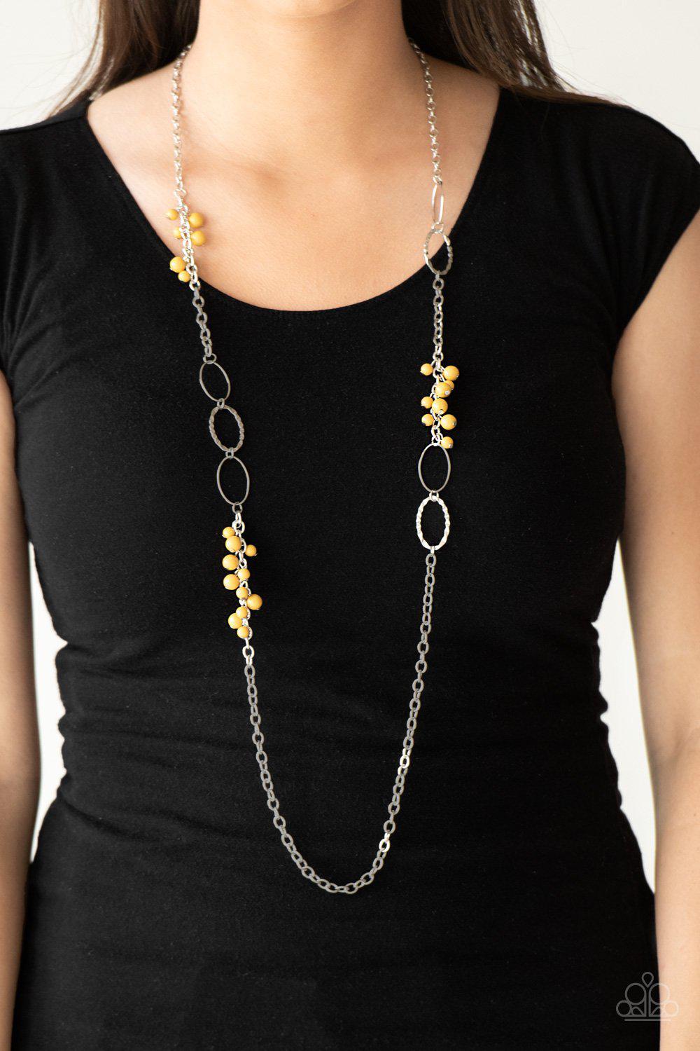 Flirty Foxtrot Yellow and Silver Necklace - Paparazzi Accessories- on model - CarasShop.com - Paparazzi Jewelry by Cara Jewels