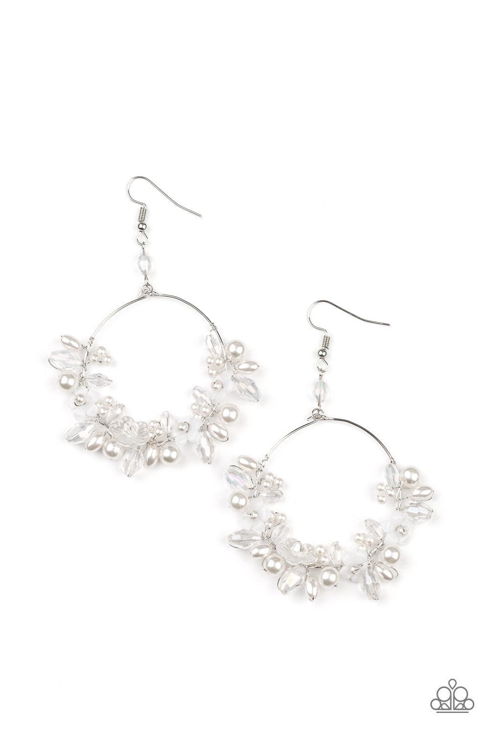 Floating Gardens White Pearl Floral Earrings - Paparazzi Accessories- lightbox - CarasShop.com - Paparazzi Jewelry by Cara Jewels