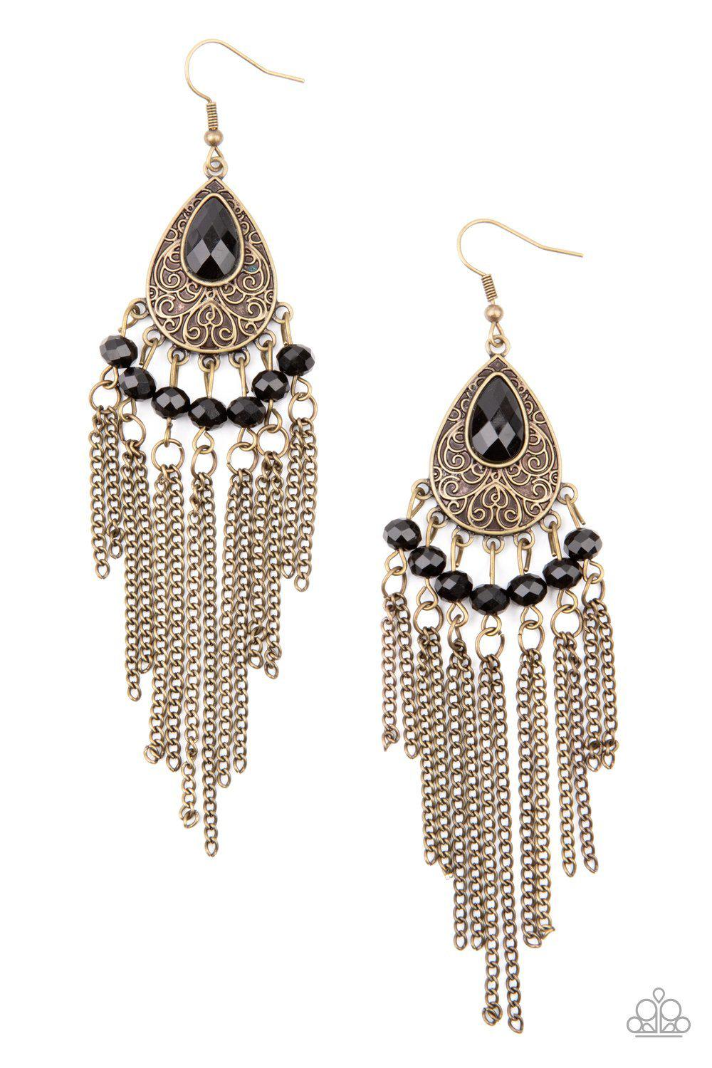 Floating on HEIR Brass and Black Fringe Earrings - Paparazzi Accessories- lightbox - CarasShop.com - Paparazzi Jewelry by Cara Jewels