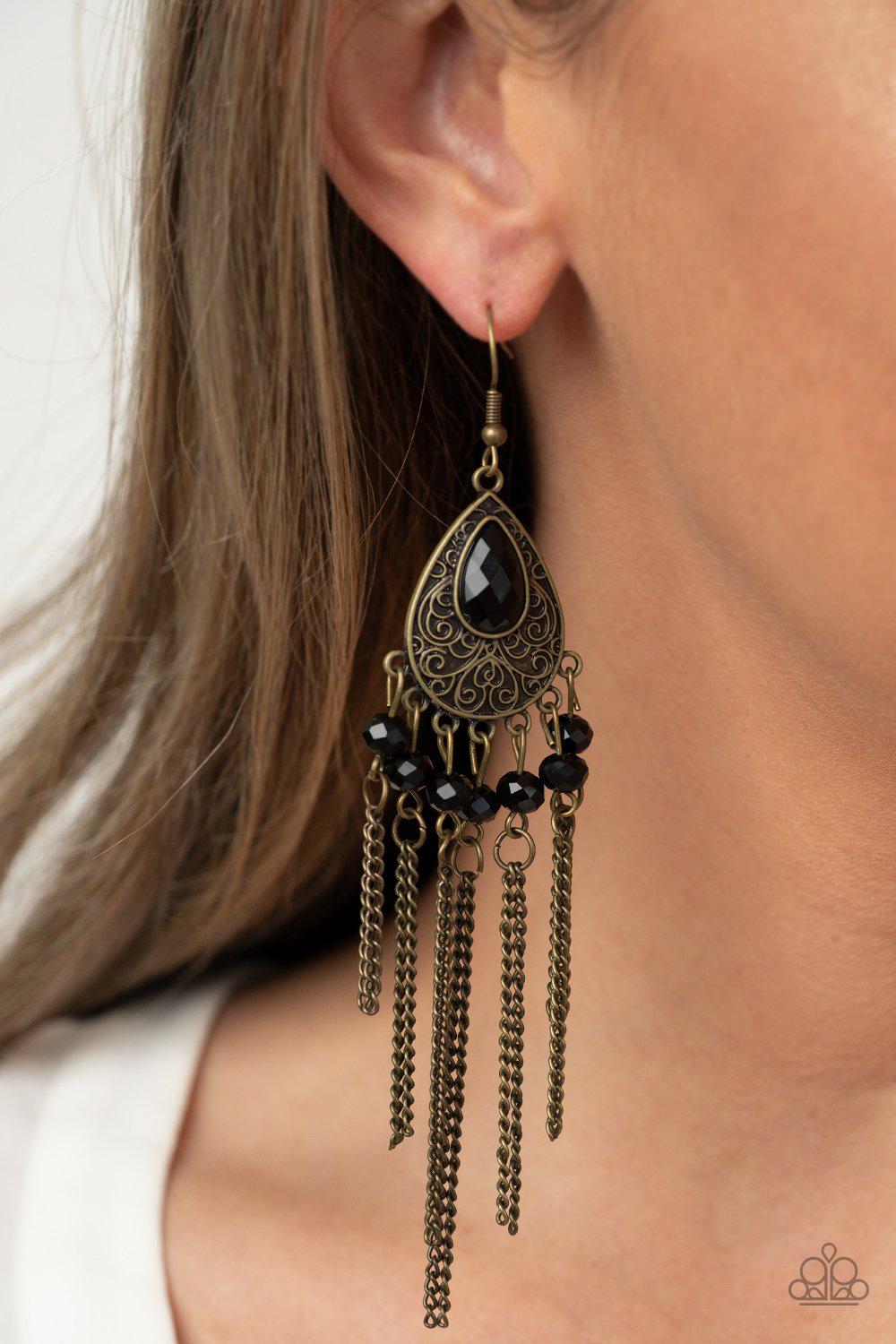 Floating on HEIR Brass and Black Fringe Earrings - Paparazzi Accessories- lightbox - CarasShop.com - Paparazzi Jewelry by Cara Jewels