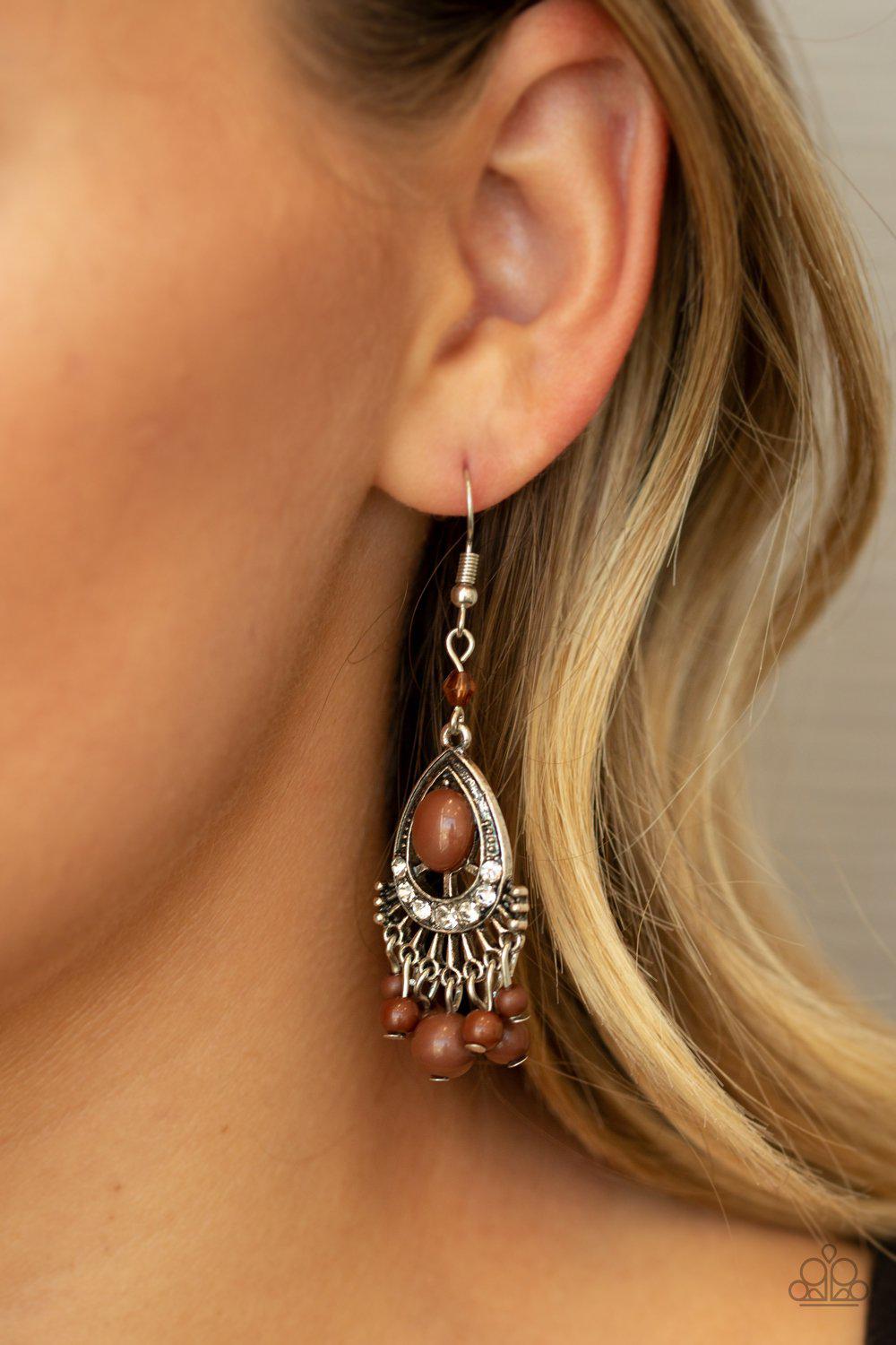 Floating On Heir Brown and Silver Earrings - Paparazzi Accessories- on model - CarasShop.com - Paparazzi Jewelry by Cara Jewels