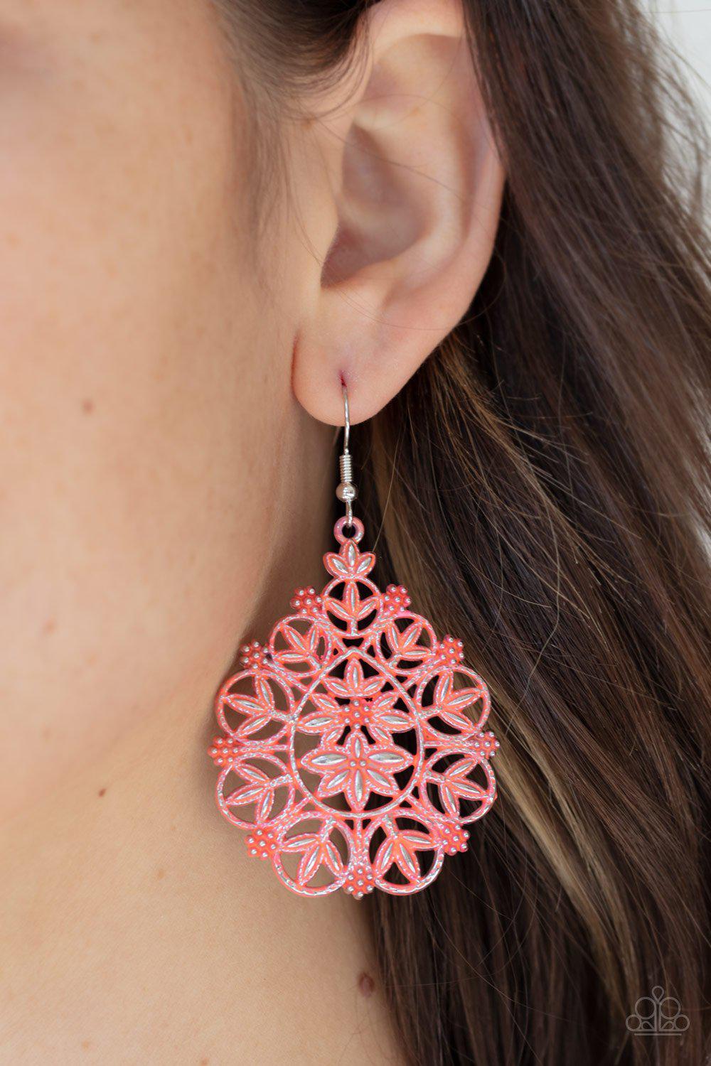 Floral Affair Coral Filigree Earrings - Paparazzi Accessories- on model - CarasShop.com - Paparazzi Jewelry by Cara Jewels