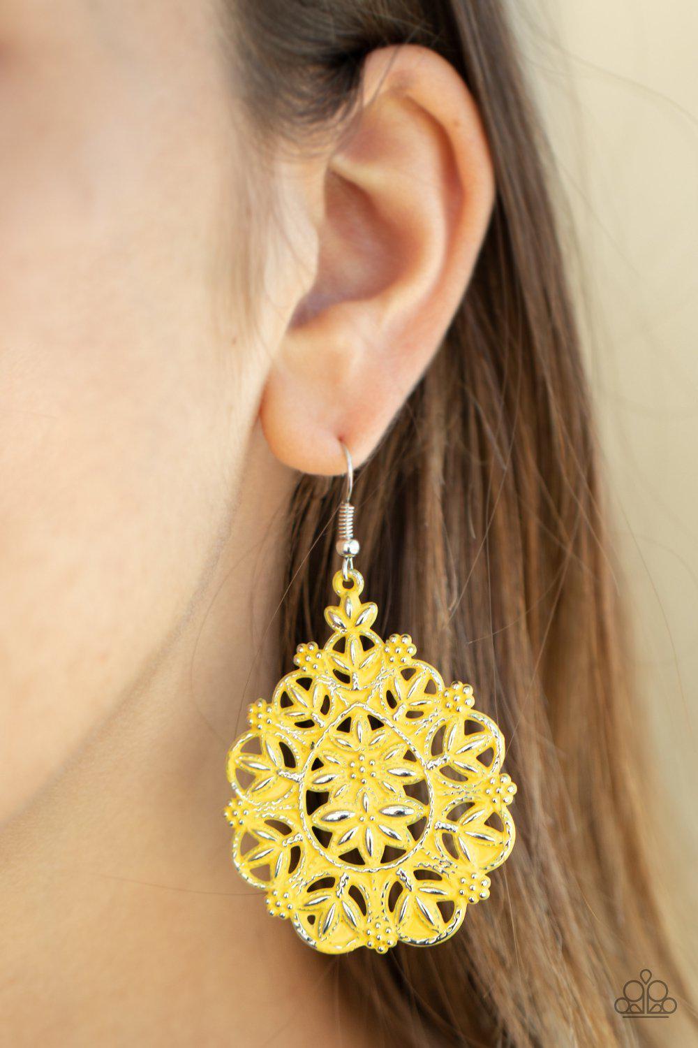 Floral Affair Yellow Filigree Earrings - Paparazzi Accessories- on model - CarasShop.com - Paparazzi Jewelry by Cara Jewels