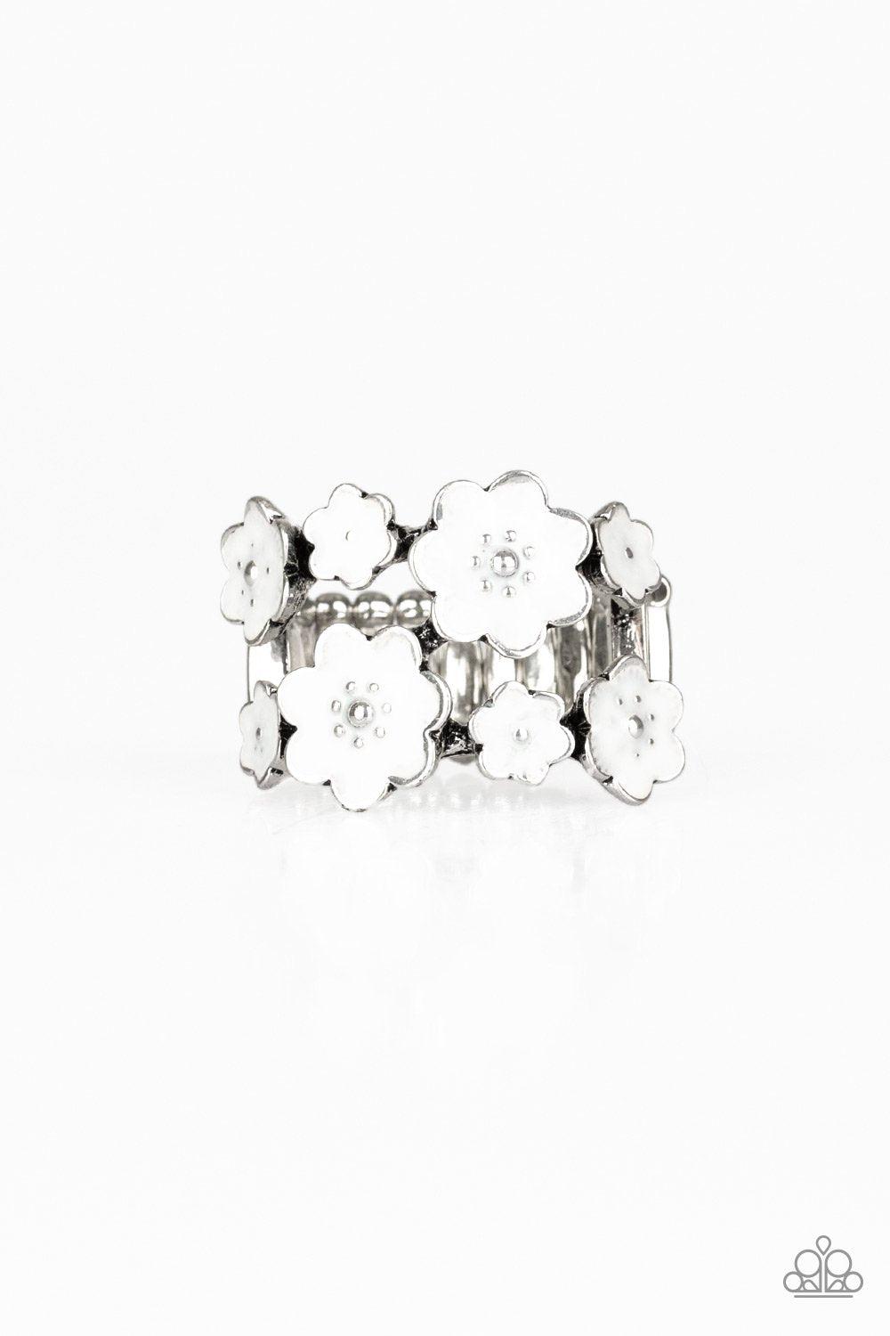 Floral Crowns White Flower Ring - Paparazzi Accessories- lightbox - CarasShop.com - Paparazzi Jewelry by Cara Jewels