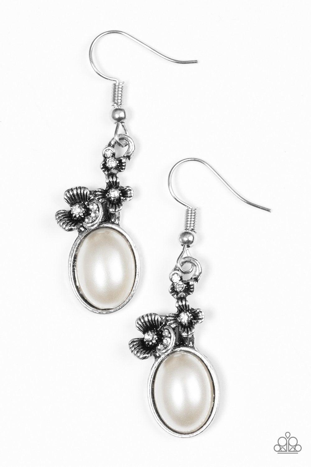 Floral Finery White Pearl and Flower Earrings - Paparazzi Accessories- lightbox - CarasShop.com - Paparazzi Jewelry by Cara Jewels