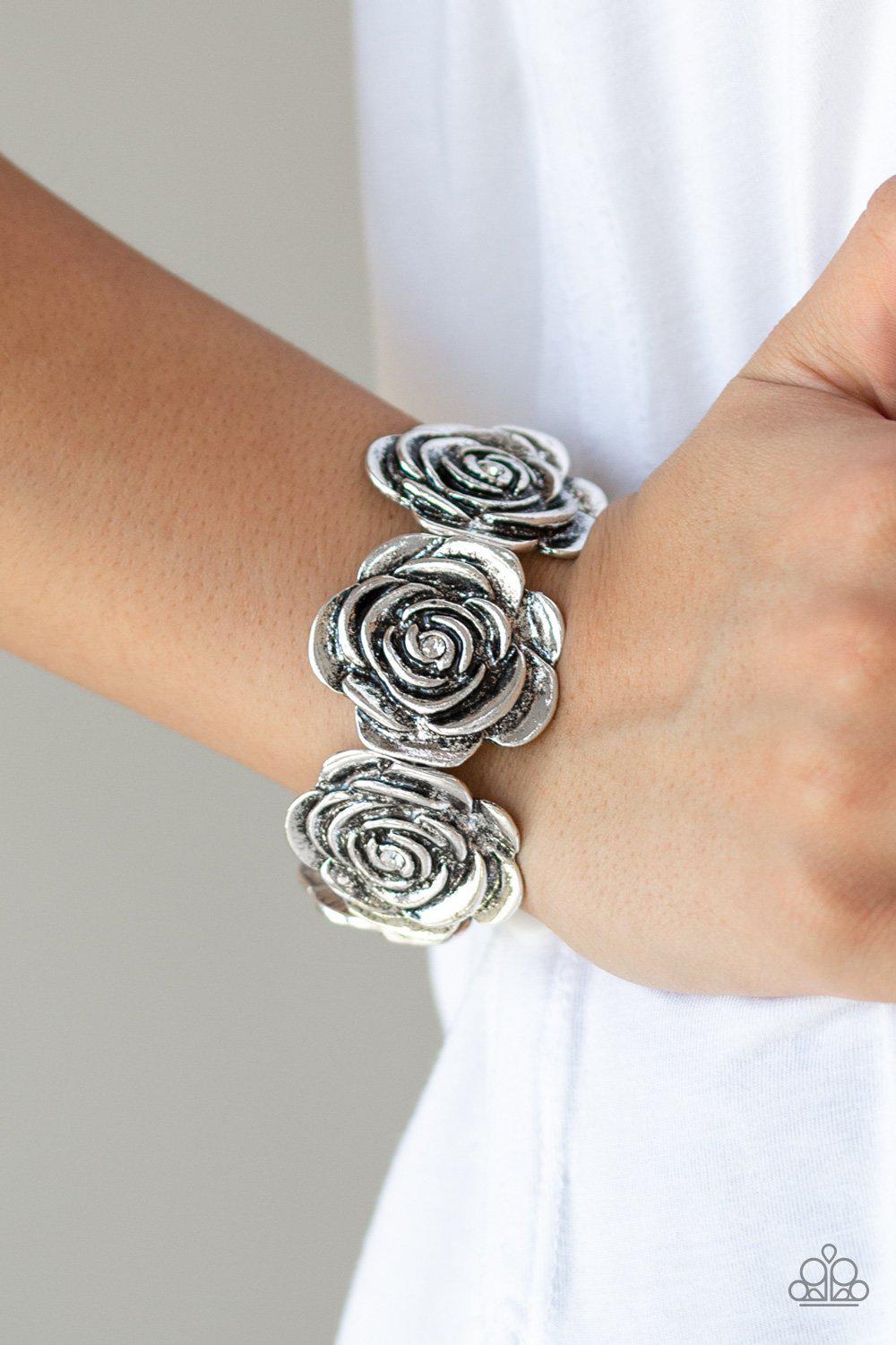 Floral Flamboyancy White and Silver Rose Stretch Bracelet - Paparazzi Accessories- on model - CarasShop.com - Paparazzi Jewelry by Cara Jewels