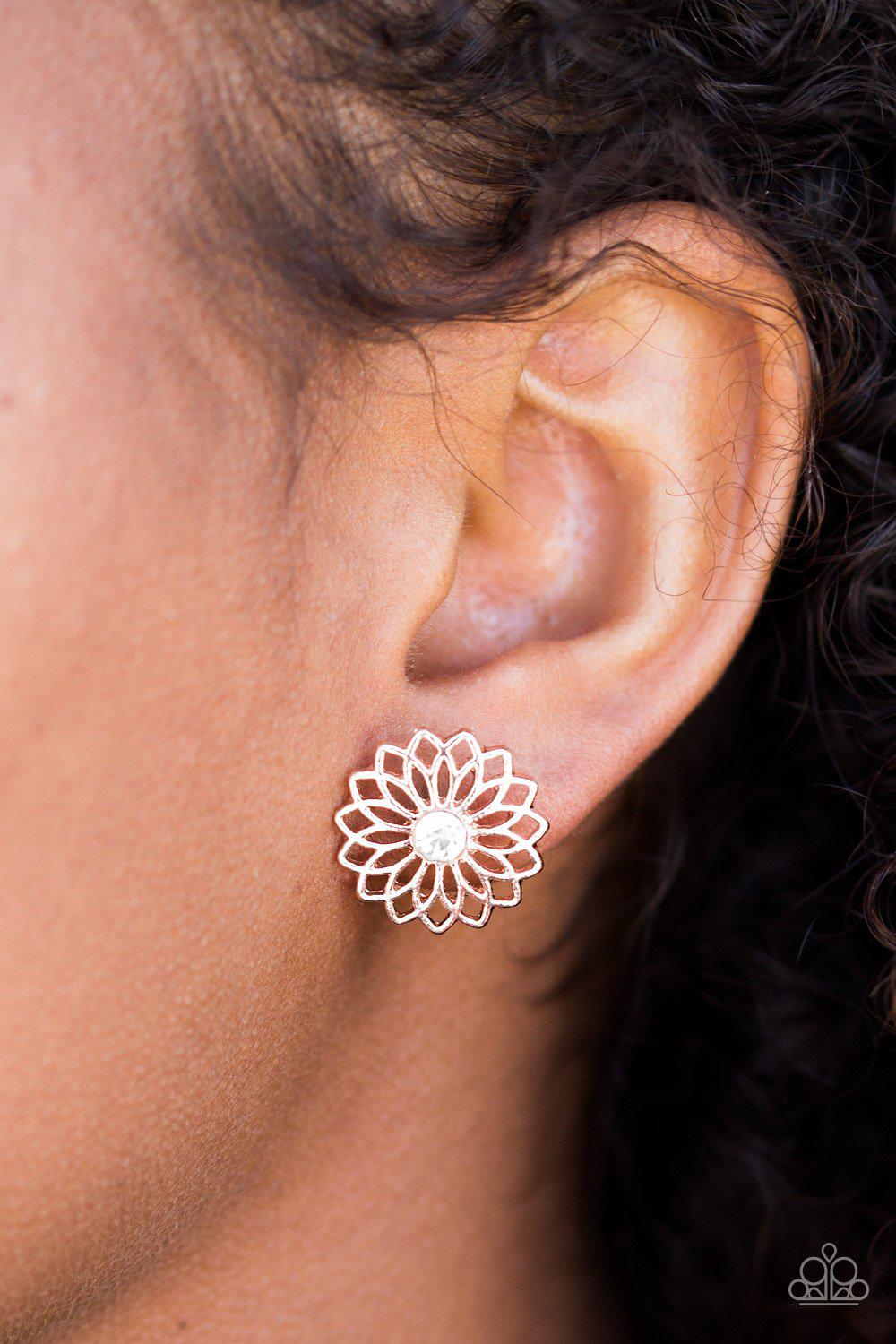 Floral Fleek Rose Gold Earrings - Paparazzi Accessories- on model - CarasShop.com - Paparazzi Jewelry by Cara Jewels