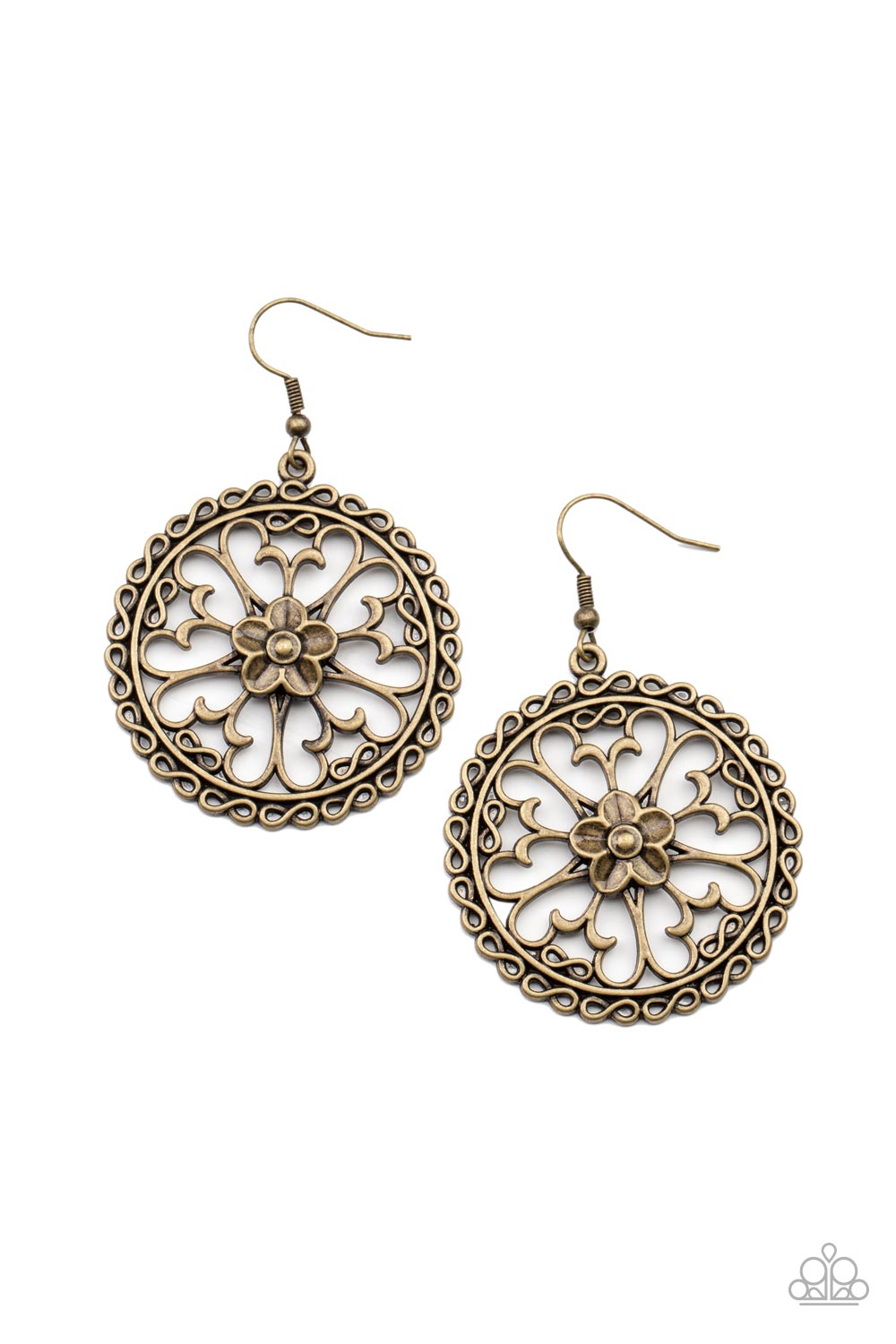 Floral Fortunes Brass Filigree Earrings - Paparazzi Accessories- lightbox - CarasShop.com - Paparazzi Jewelry by Cara Jewels