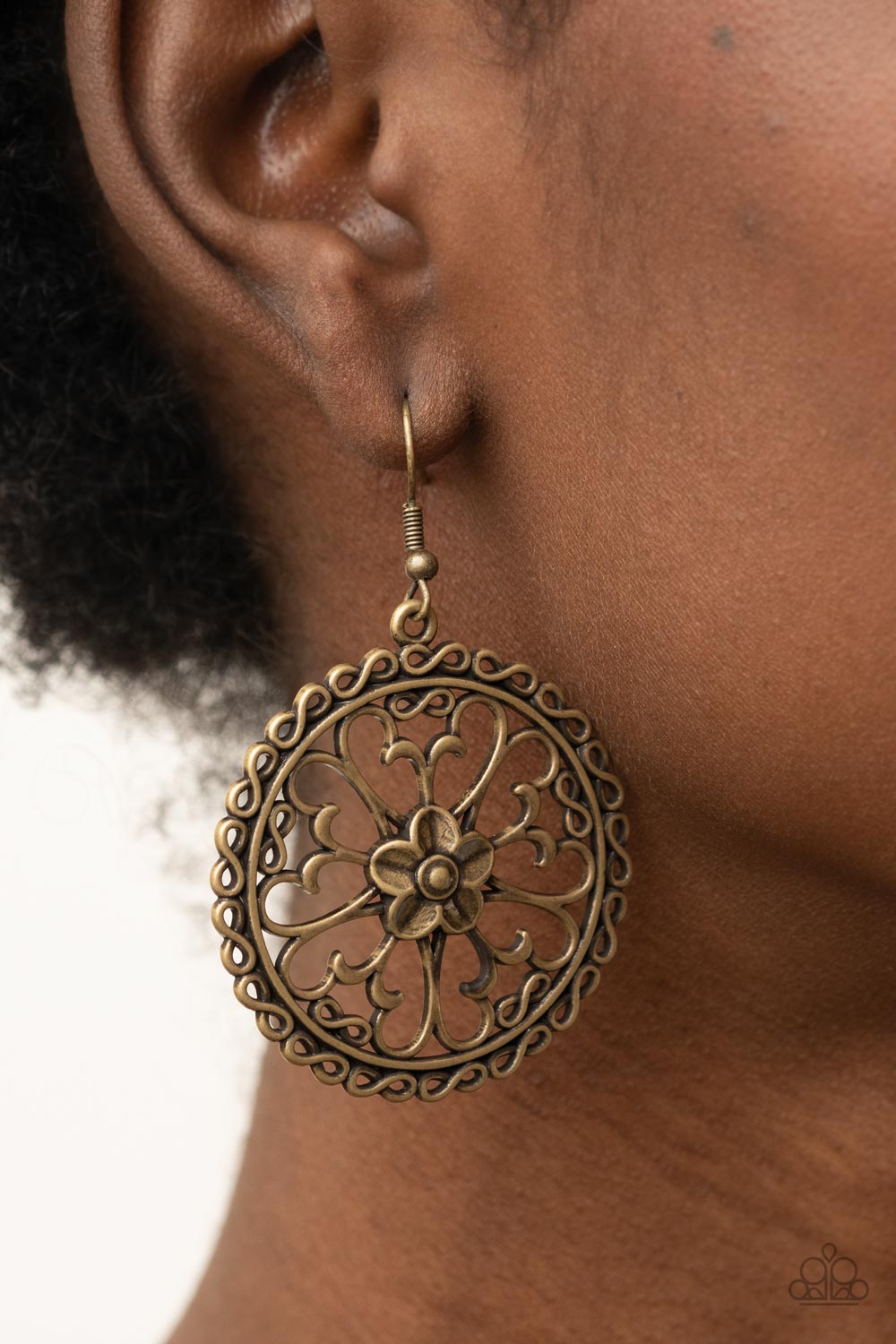 Floral Fortunes Brass Filigree Earrings - Paparazzi Accessories- on model - CarasShop.com - Paparazzi Jewelry by Cara Jewels