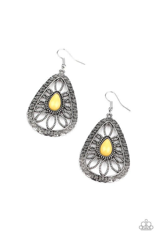 Floral Frill Yellow and Silver Earrings - Paparazzi Accessories- lightbox - CarasShop.com - Paparazzi Jewelry by Cara Jewels