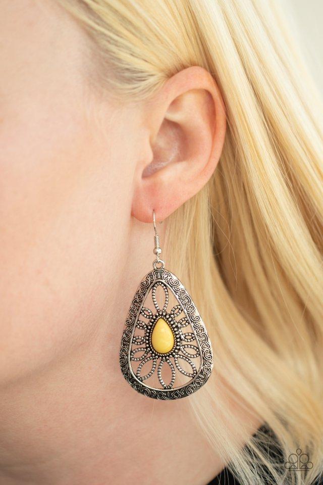 Floral Frill Yellow and Silver Earrings - Paparazzi Accessories- lightbox - CarasShop.com - Paparazzi Jewelry by Cara Jewels